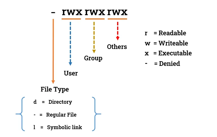 The ten characters of a permission string: one type character, then three groups of rwx for user, group and others